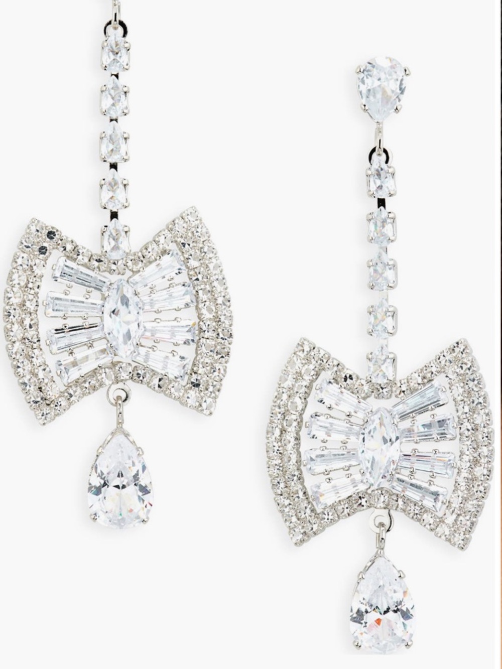 Tasha Silver Crystal Bow Drop Earrings with Clear Teardrop